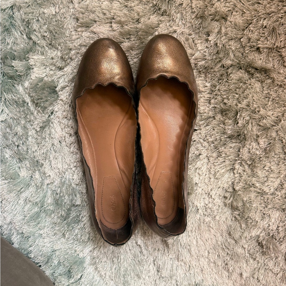 Metallic Bronze/ Silver Chloé Scalloped Ballet Flats
